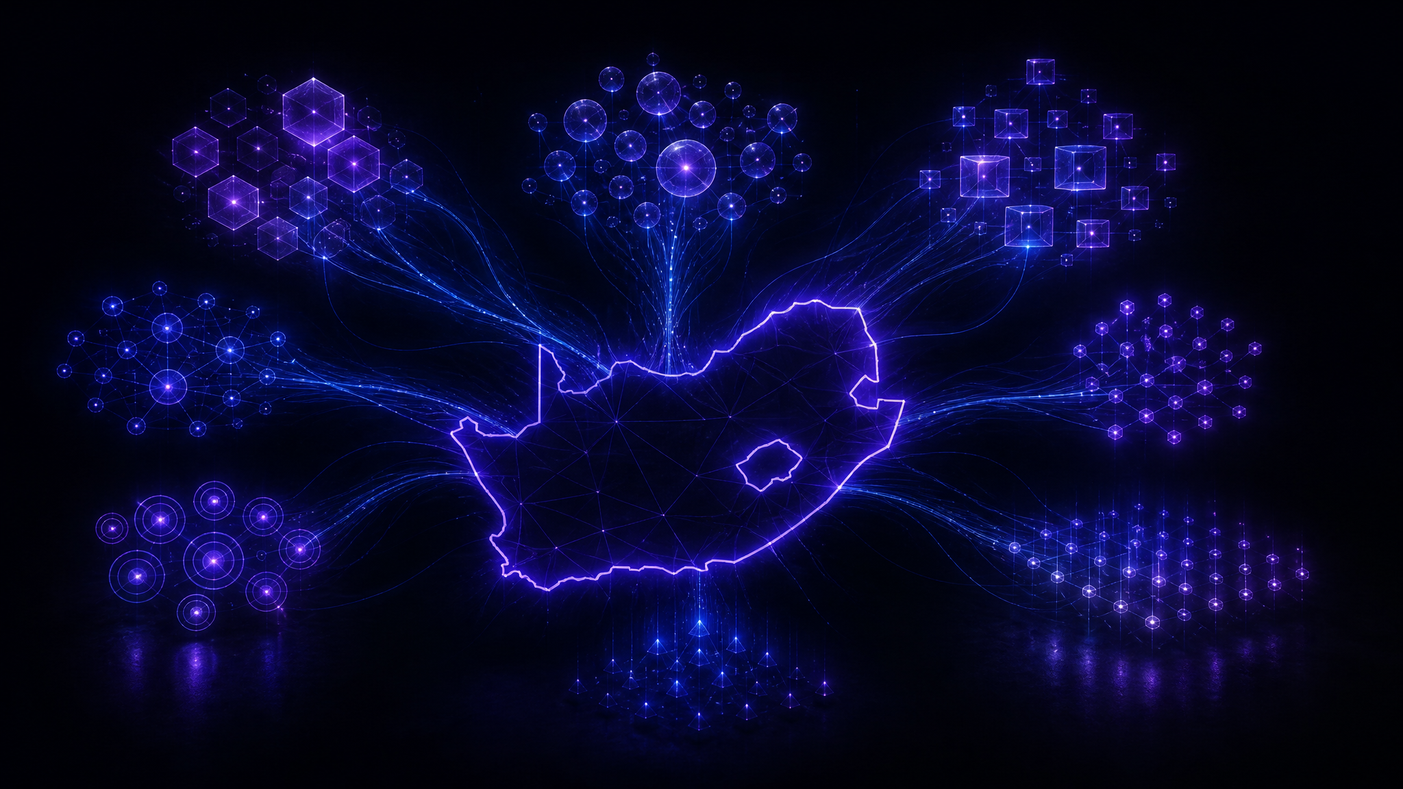 Stylised geometric outline of South Africa surrounded by glowing clusters of connected nodes representing different agency categories