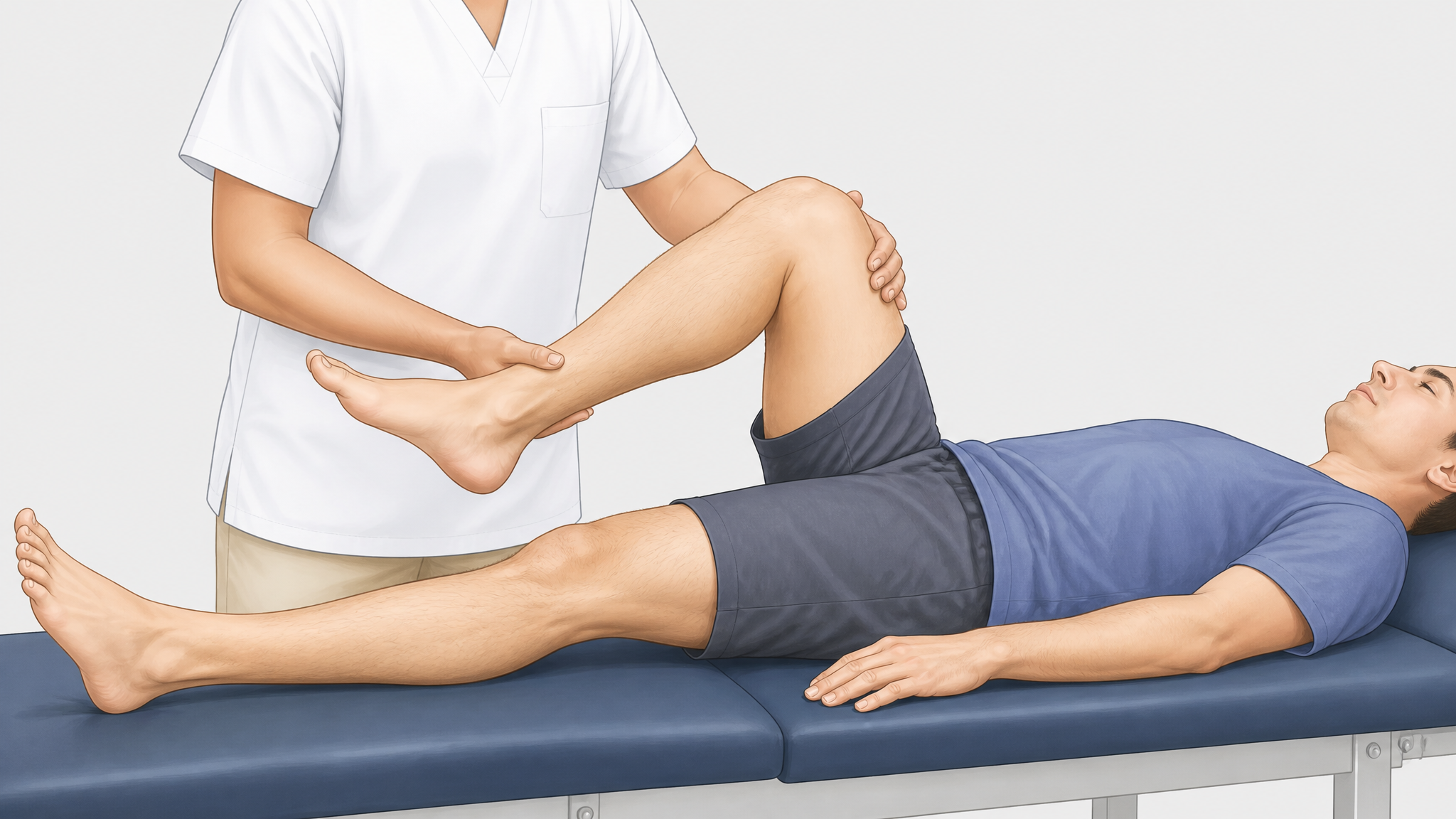 Clinical illustration of an examiner gently moving a relaxed patient's knee on an exam table for passive range-of-motion testing
