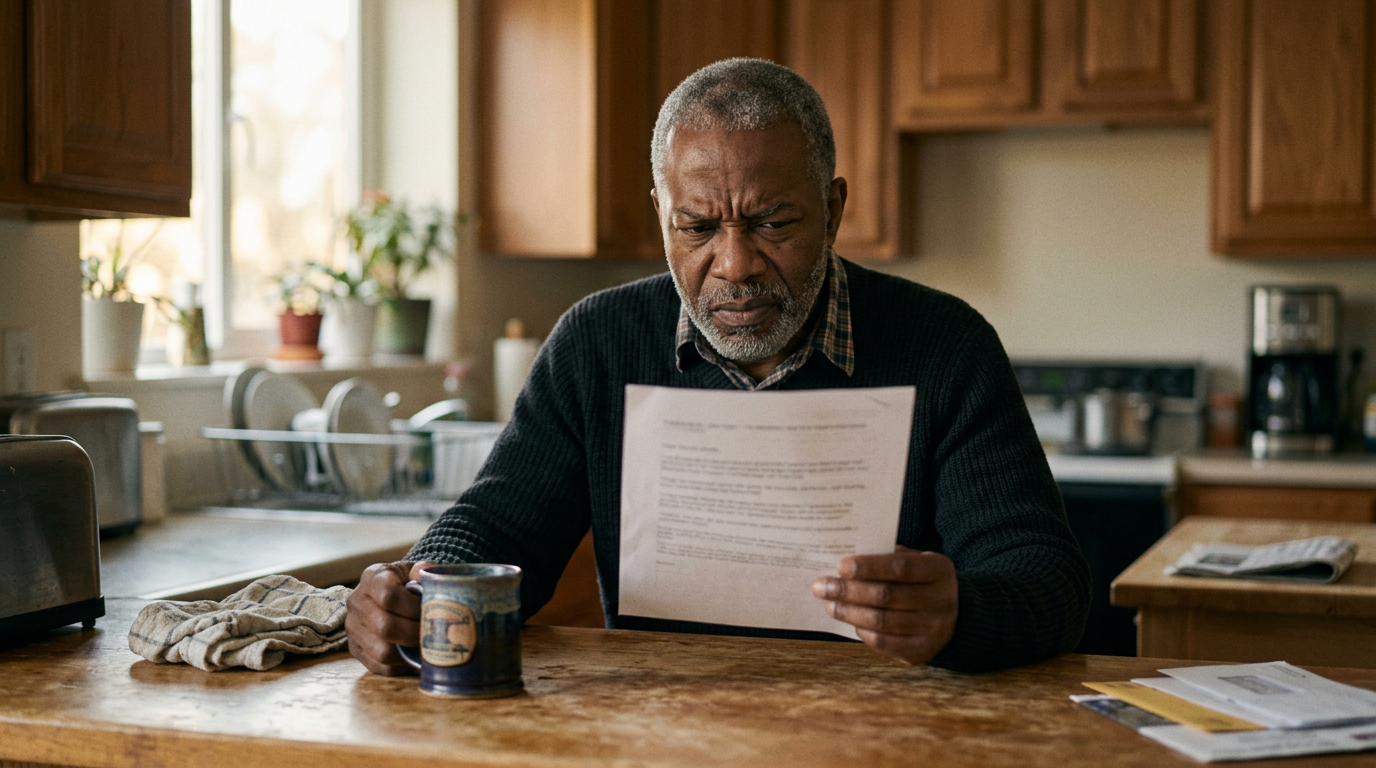 A veteran frowning while reading a short medical opinion at his kitchen counter