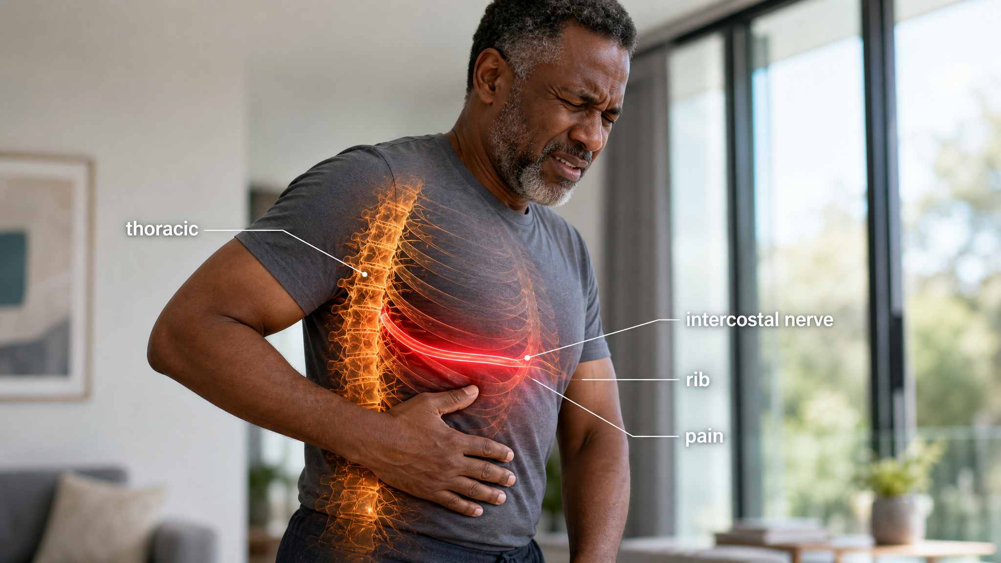 A Black man in a bright room with his hand on the side of his mid-ribcage, the thoracic spine glowing warm amber with a red band wrapping around a rib along the intercostal nerve, floating labels reading thoracic, intercostal nerve, rib and pain
