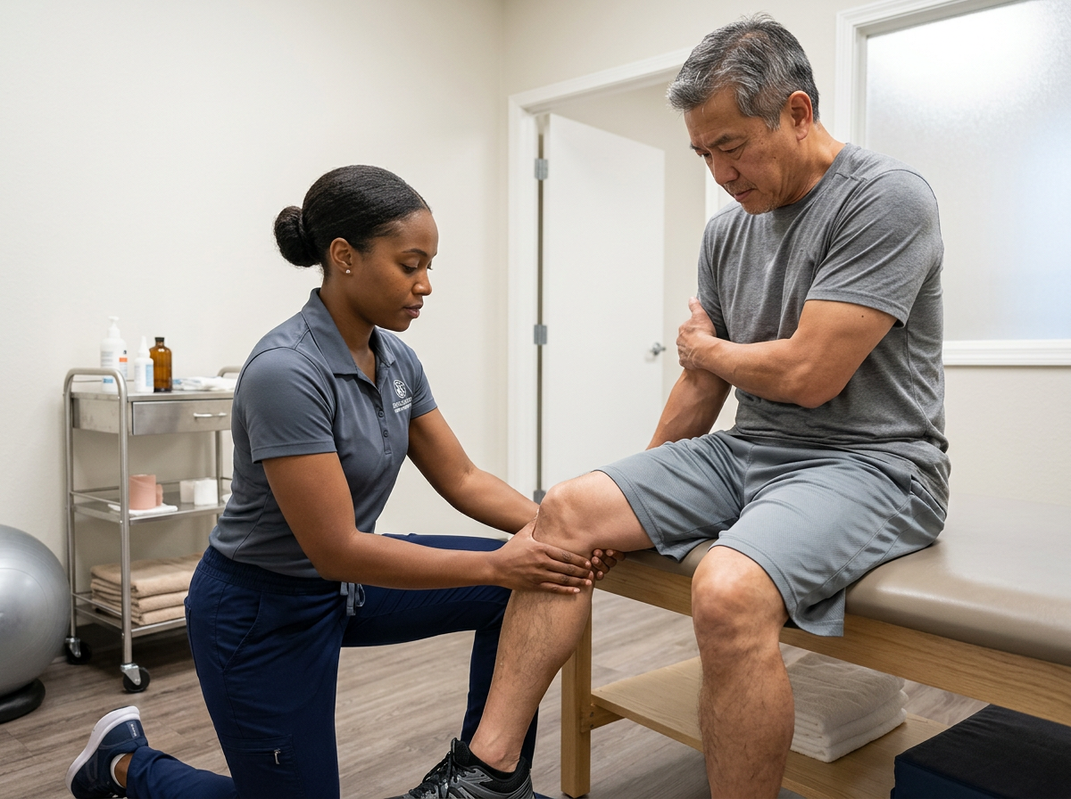 Physical therapist performing manual muscle testing on veteran leg to grade strength