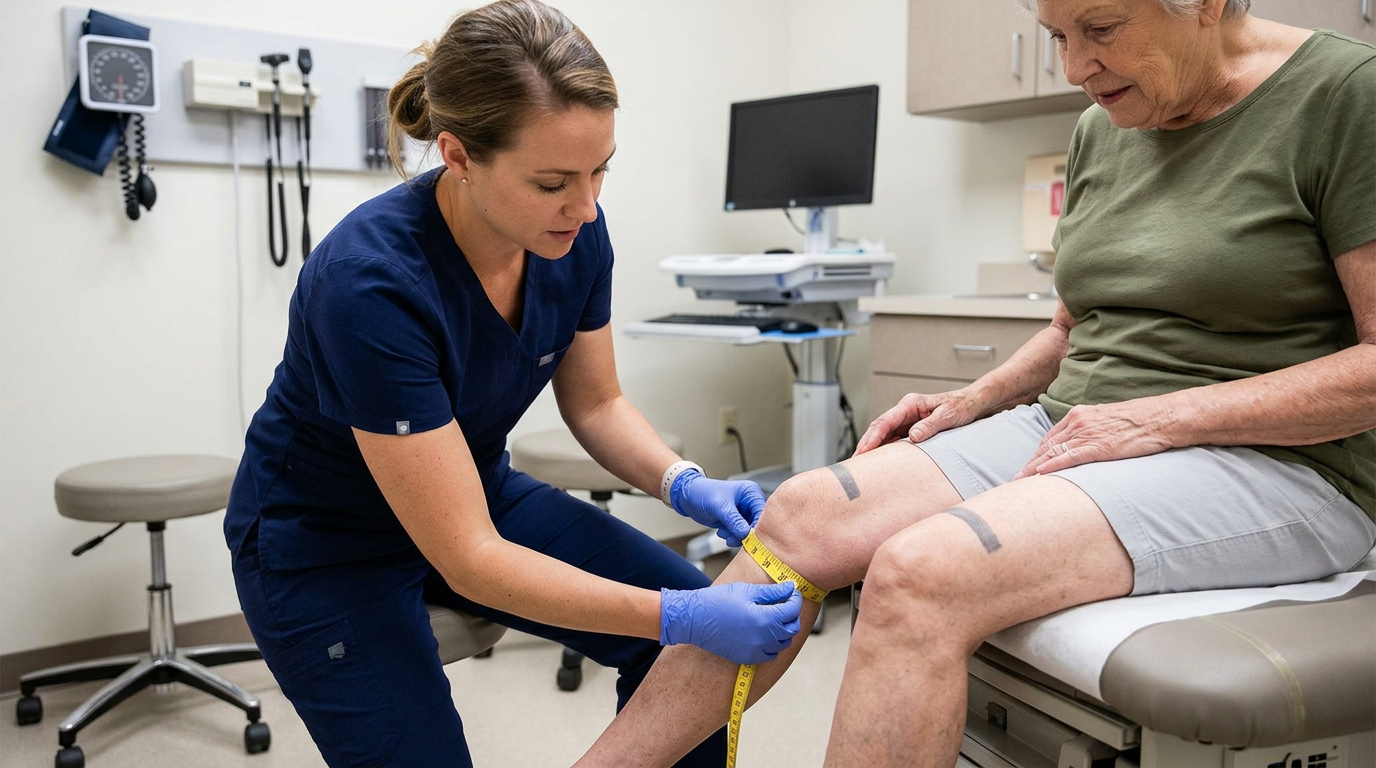 Photograph of a clinician measuring bilateral thigh circumference with a tape measure above the kneecap on both legs to check for quadriceps atrophy