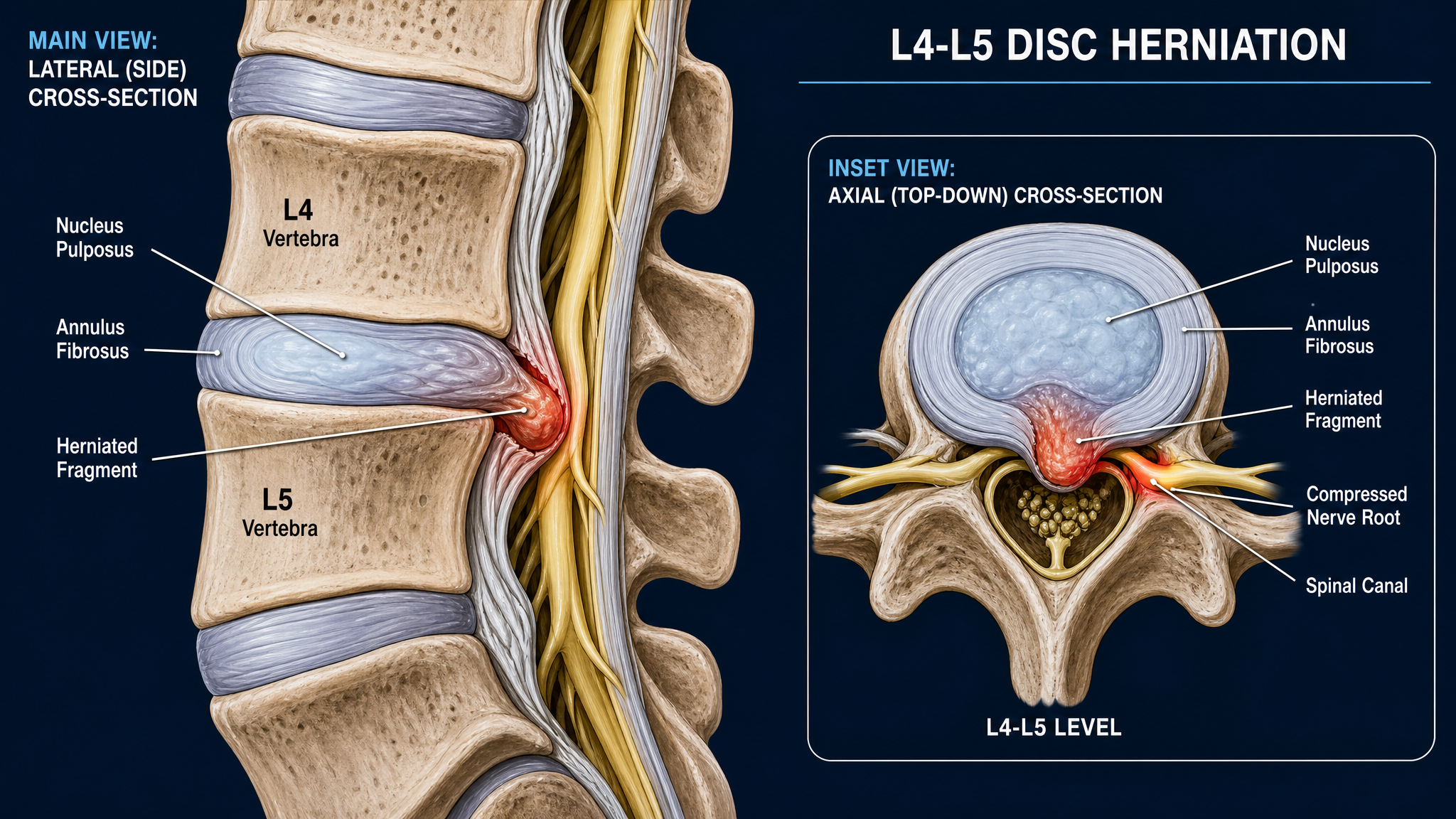 Dual-view illustration of a herniated L4-L5 disc with the nucleus pulposus extruding through the annulus fibrosus and compressing the exiting nerve root