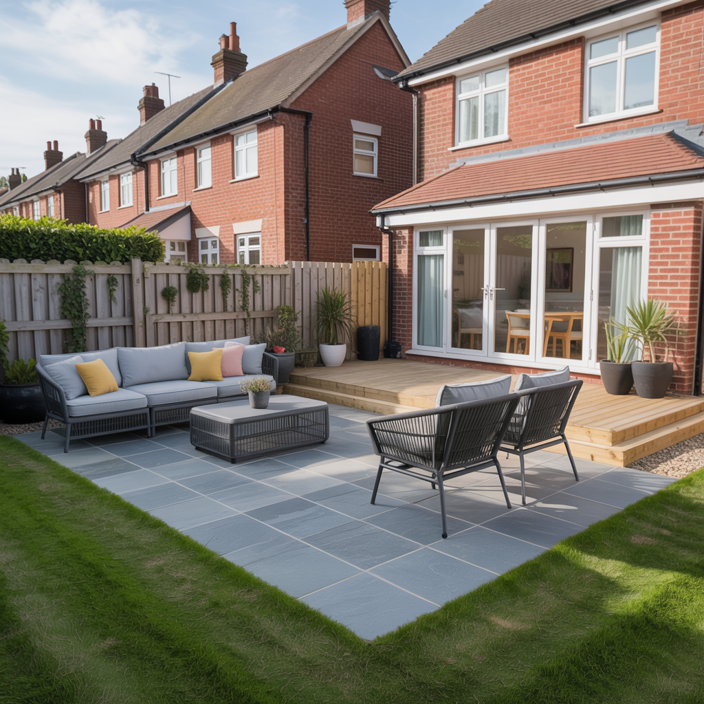 Newly installed patio and decking in UK garden