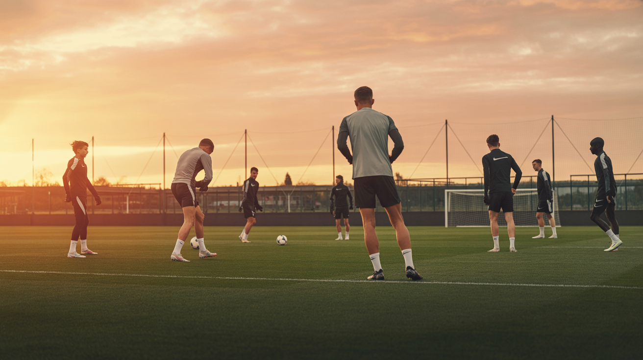 Entrenamiento profesional de fútbol al atardecer