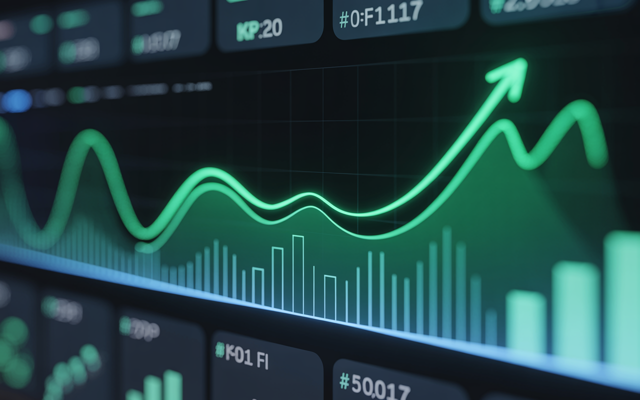 Panel de analítica financiera con curva de capital ascendente en verde y cyan