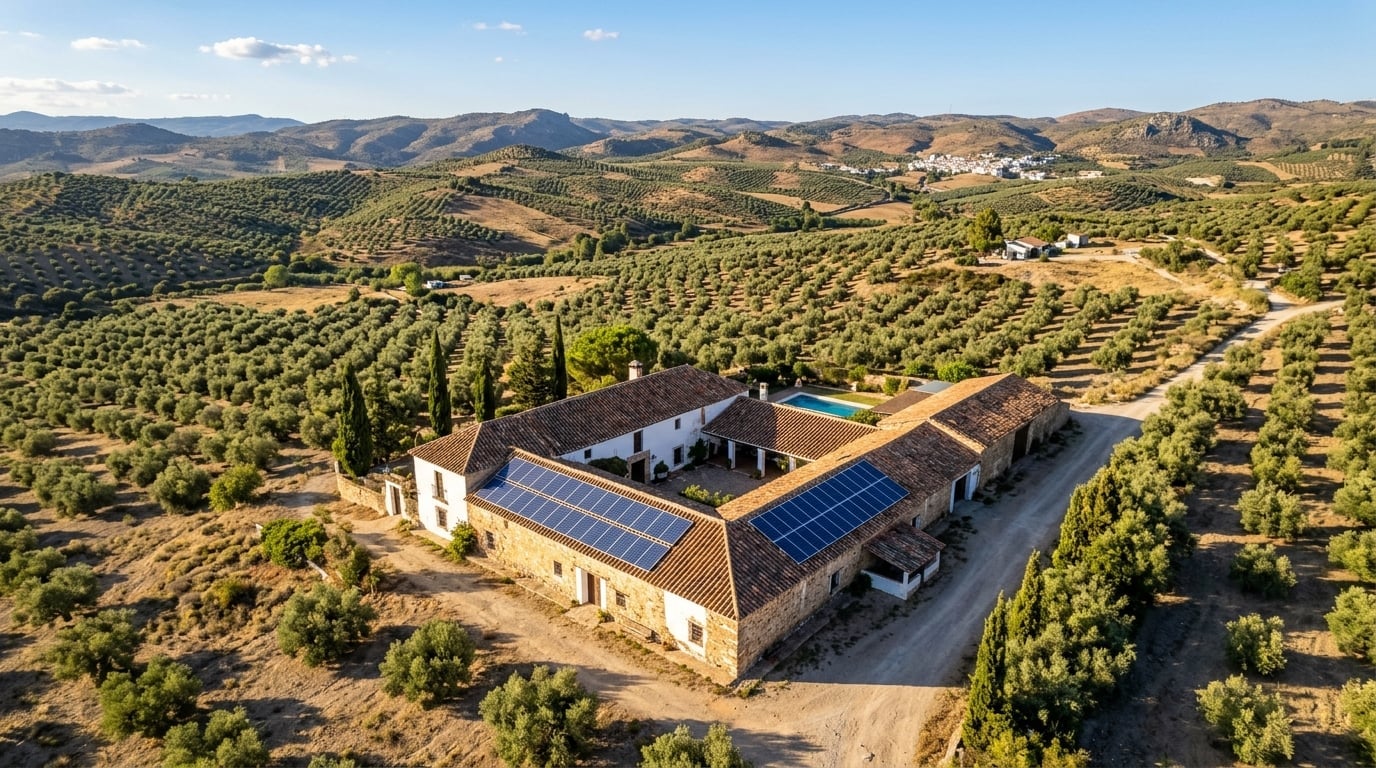 Paneles solares en una finca española - instalación off-grid