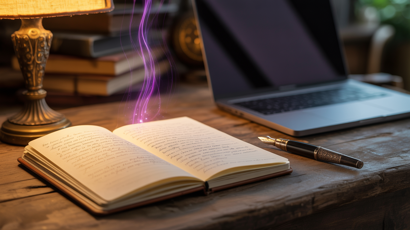 Rukopisani dnevnik sa perom pored zatvorenog laptopa — analogno pisanje. Otvorena sveska i olovka na stolu pored laptopa sa svetlosnim efektom koji simbolizuje misli i pisanje rukom u eri AI za lični razvoj