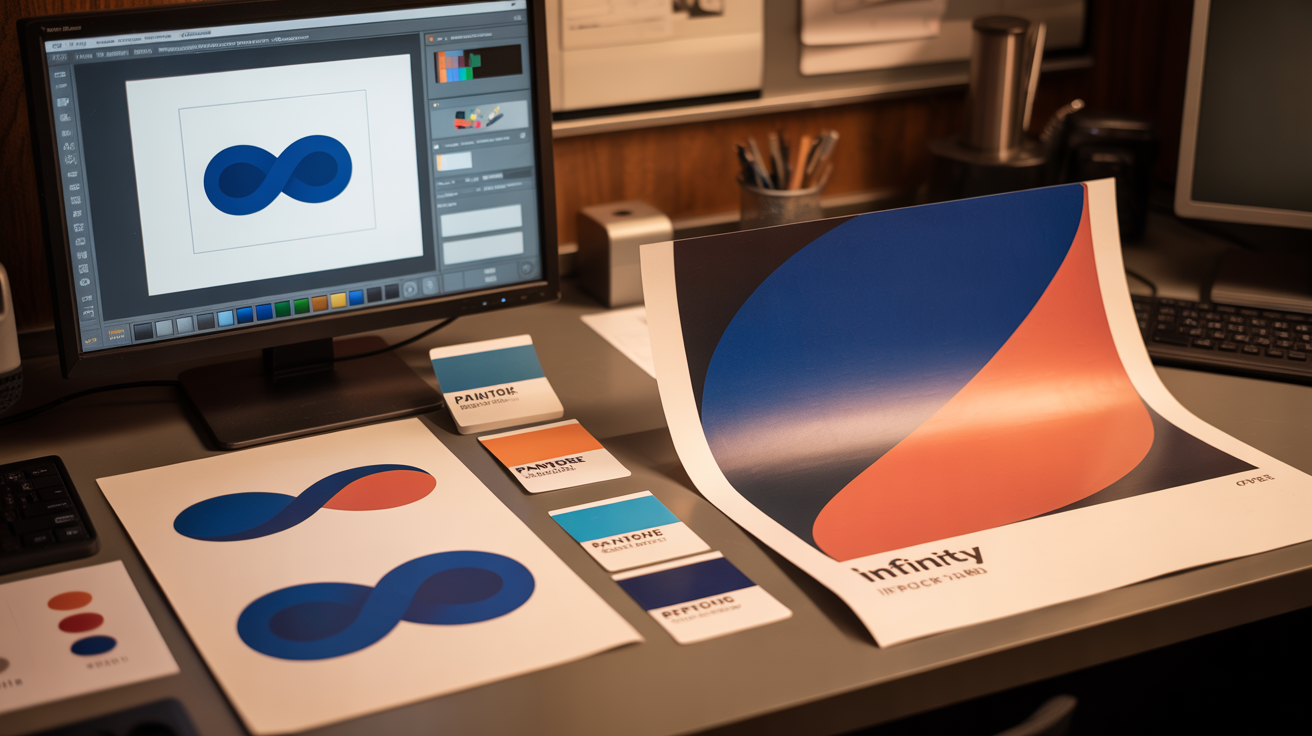 Professional designer creating infinity card artwork in a modern studio