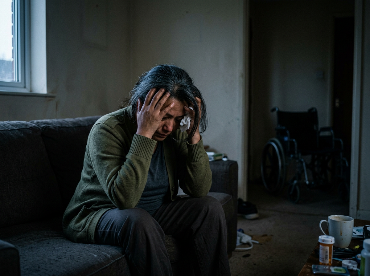 South Asian female veteran in dimly lit room showing depression from loss of independence