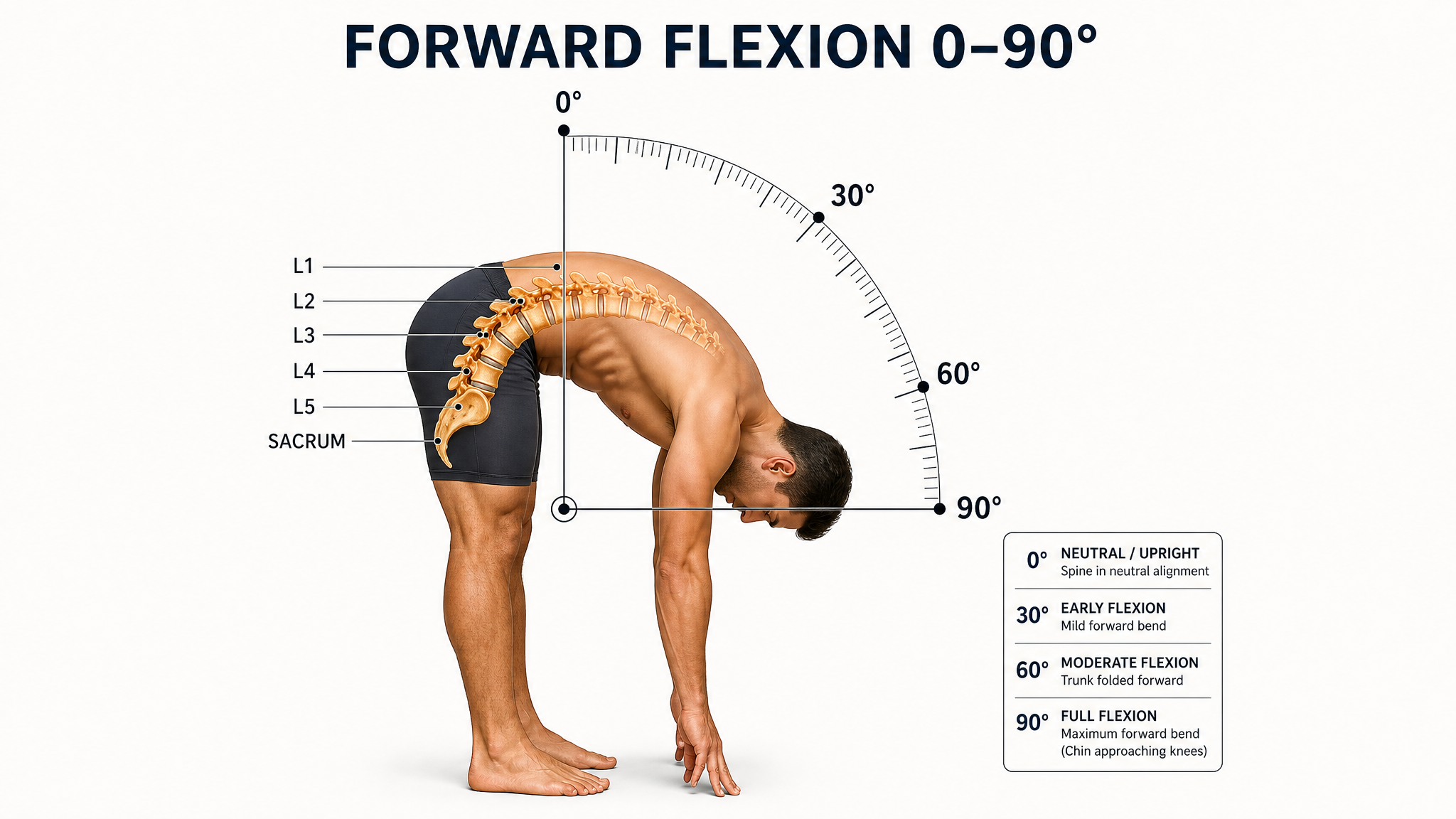 Clinical illustration of lumbar forward flexion — a male figure bending forward at the waist with the L1–L5 spine and sacrum overlaid and a goniometer protractor arc measuring the angle