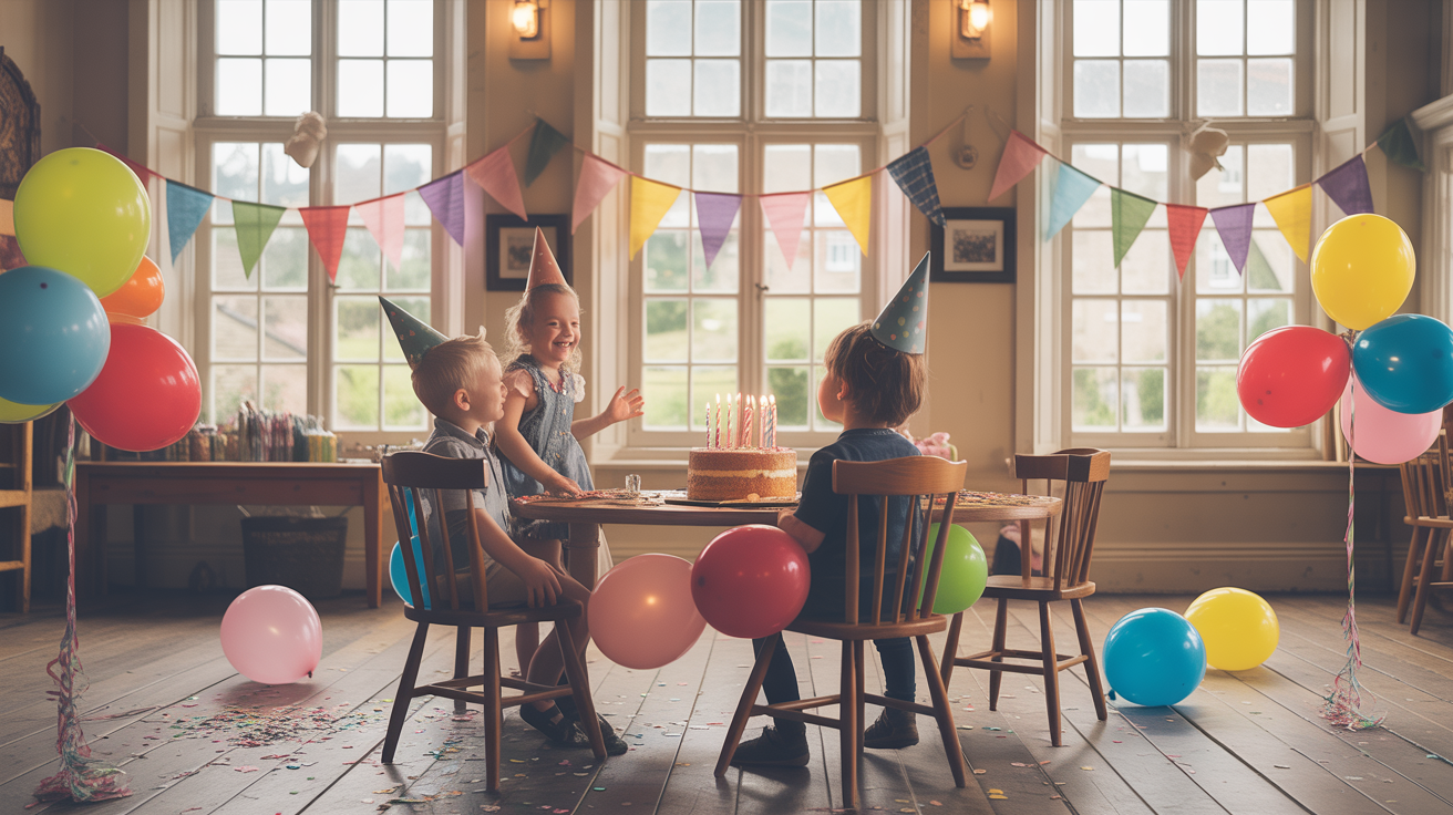Traditional Dorset village hall set up for a kids' birthday party with pastel bunting, balloons and a cake with candles