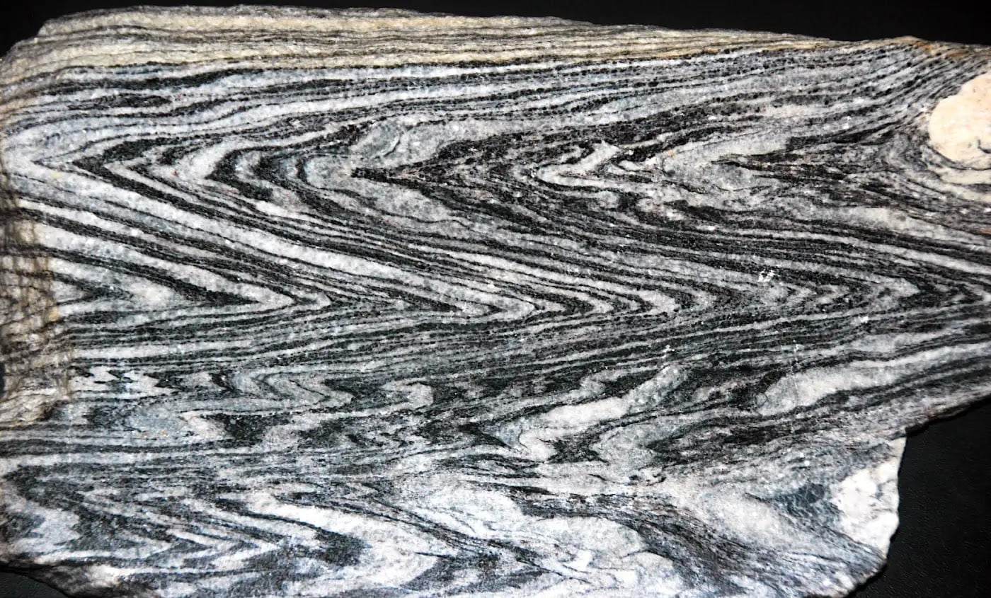 A polished banded metamorphic gneiss or marble rock