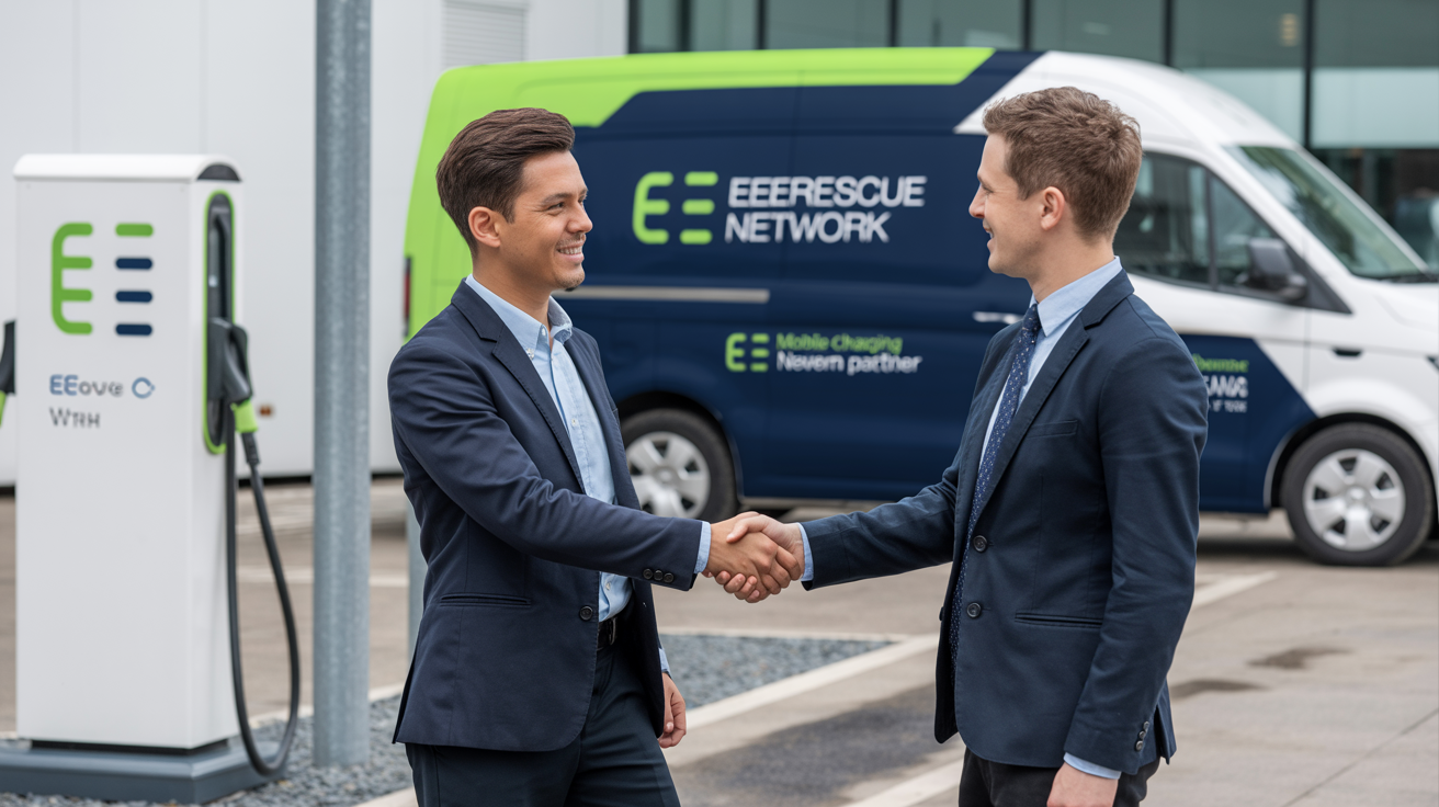 EEERescue vendor partner handshake with mobile EV charging equipment in background