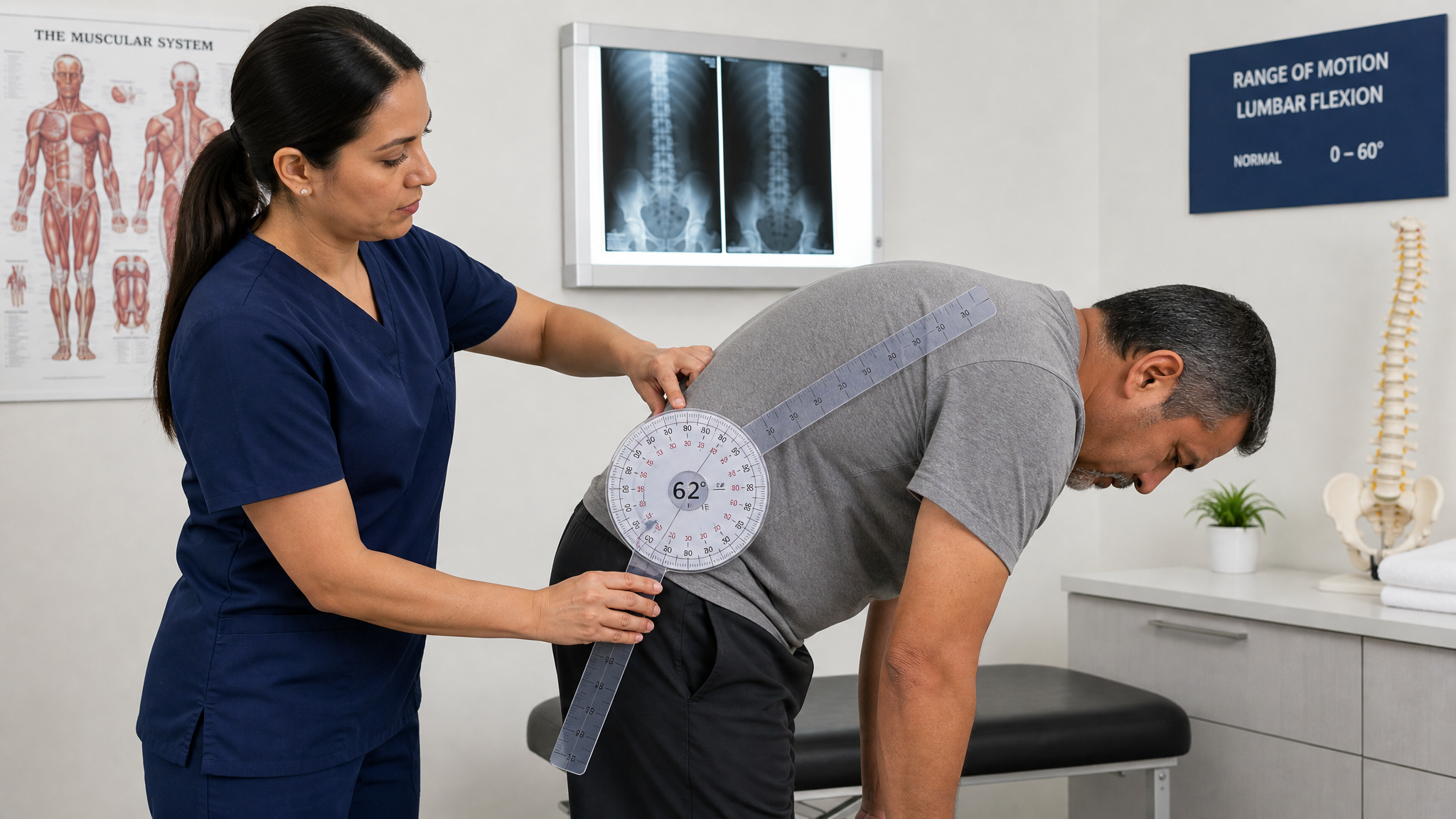 Clinician measuring a standing Hispanic man's lumbar forward flexion with a goniometer against the low back