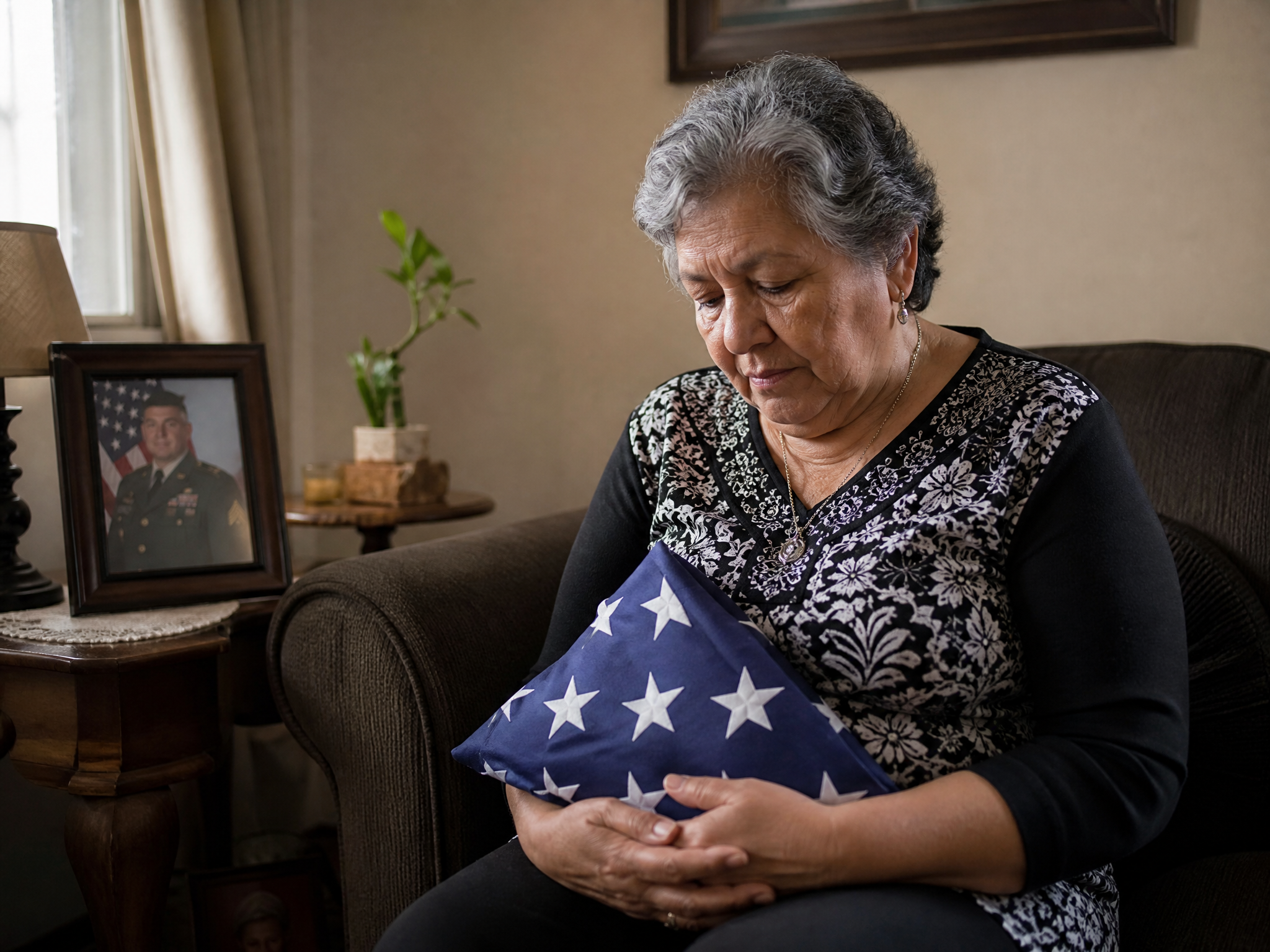 A veteran's widow holding a folded flag in her living room