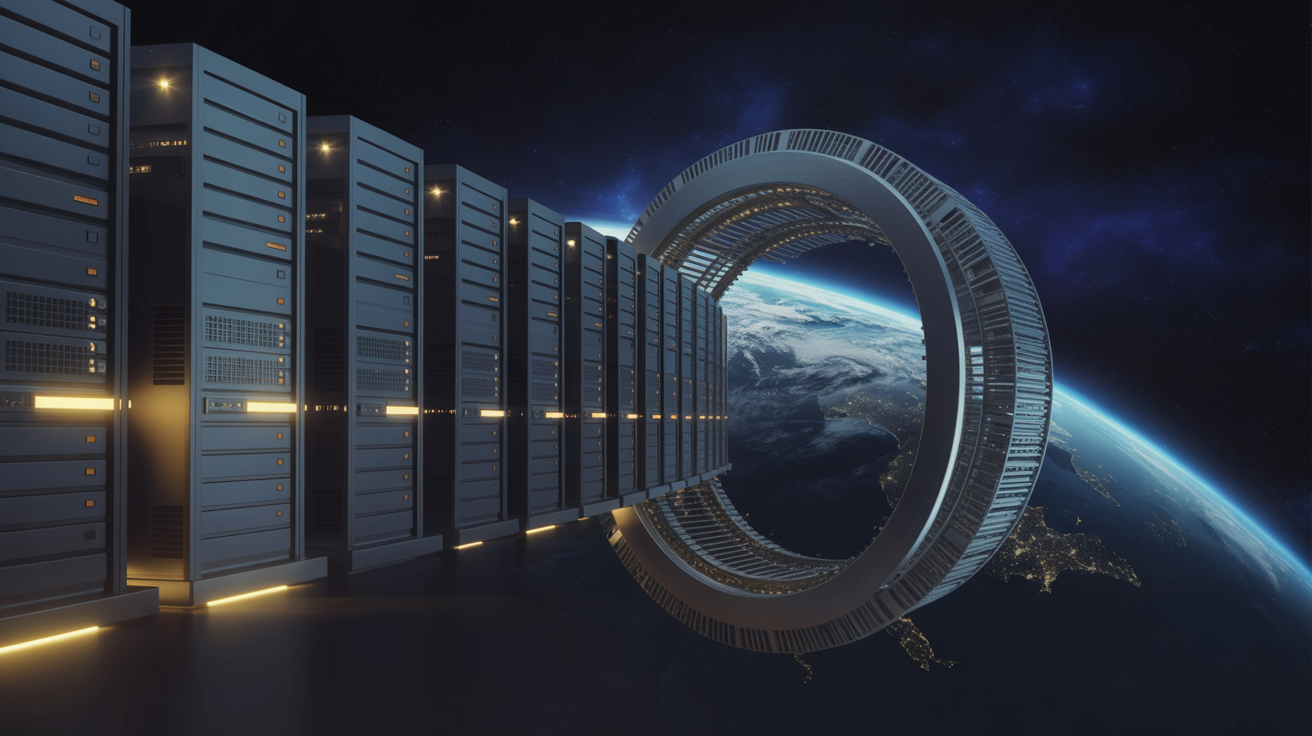 Futuristisches orbitales Rechenzentrum über der Erdkrümmung mit goldenen Datenströmen auf dunklem Navy-Hintergrund – Symbol für physische KI-Infrastruktur