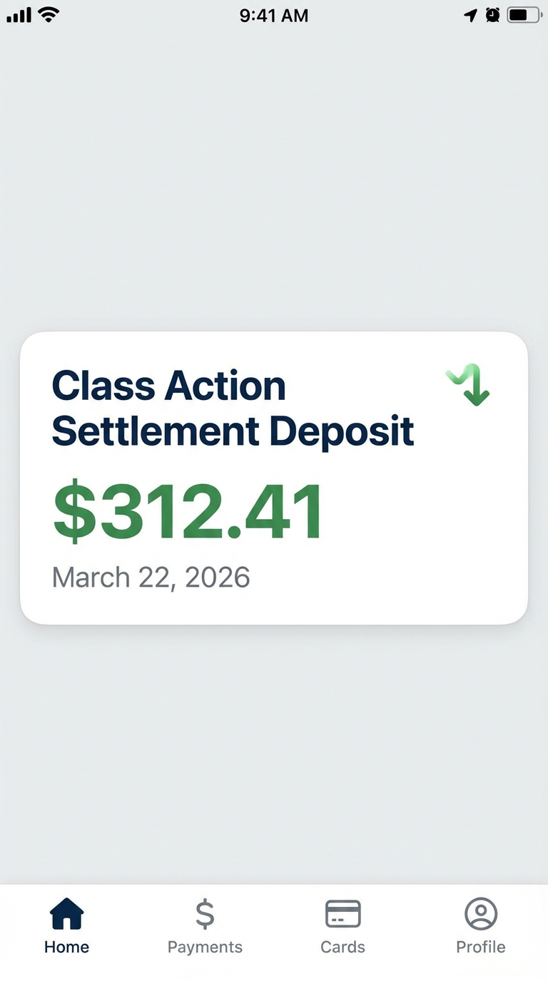 Class Action Settlement Deposit of $312.41 received March 22, 2026