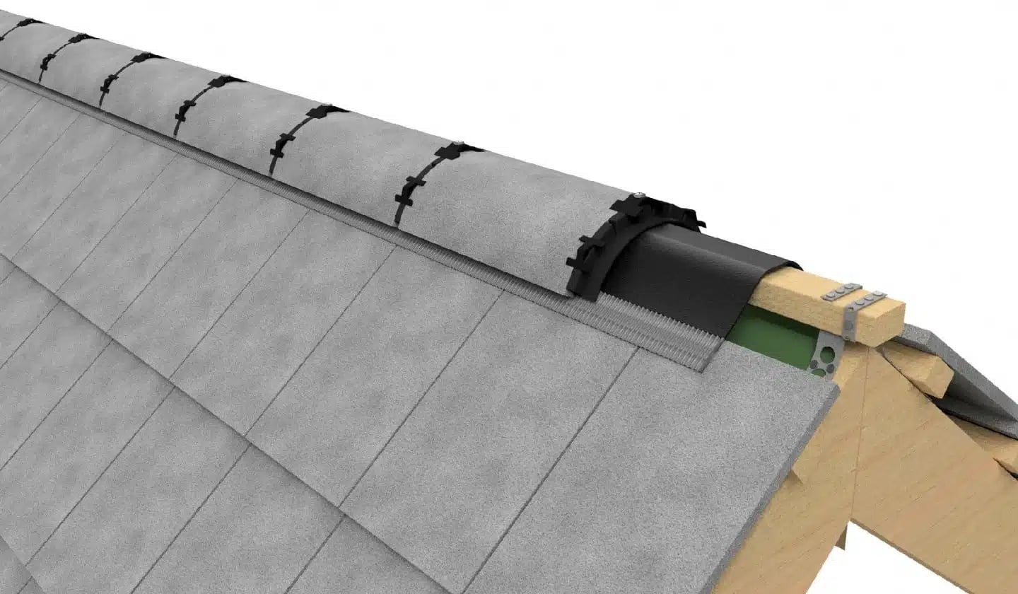 Ridge tile installation with dry ridge system
