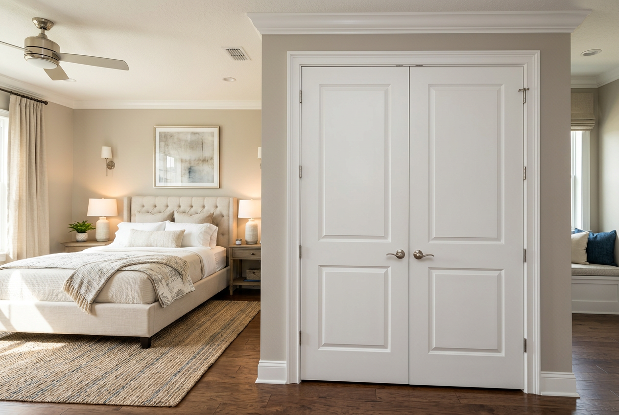 Pair of white primed shaker panel closet doors in a transitional Orlando bedroom
