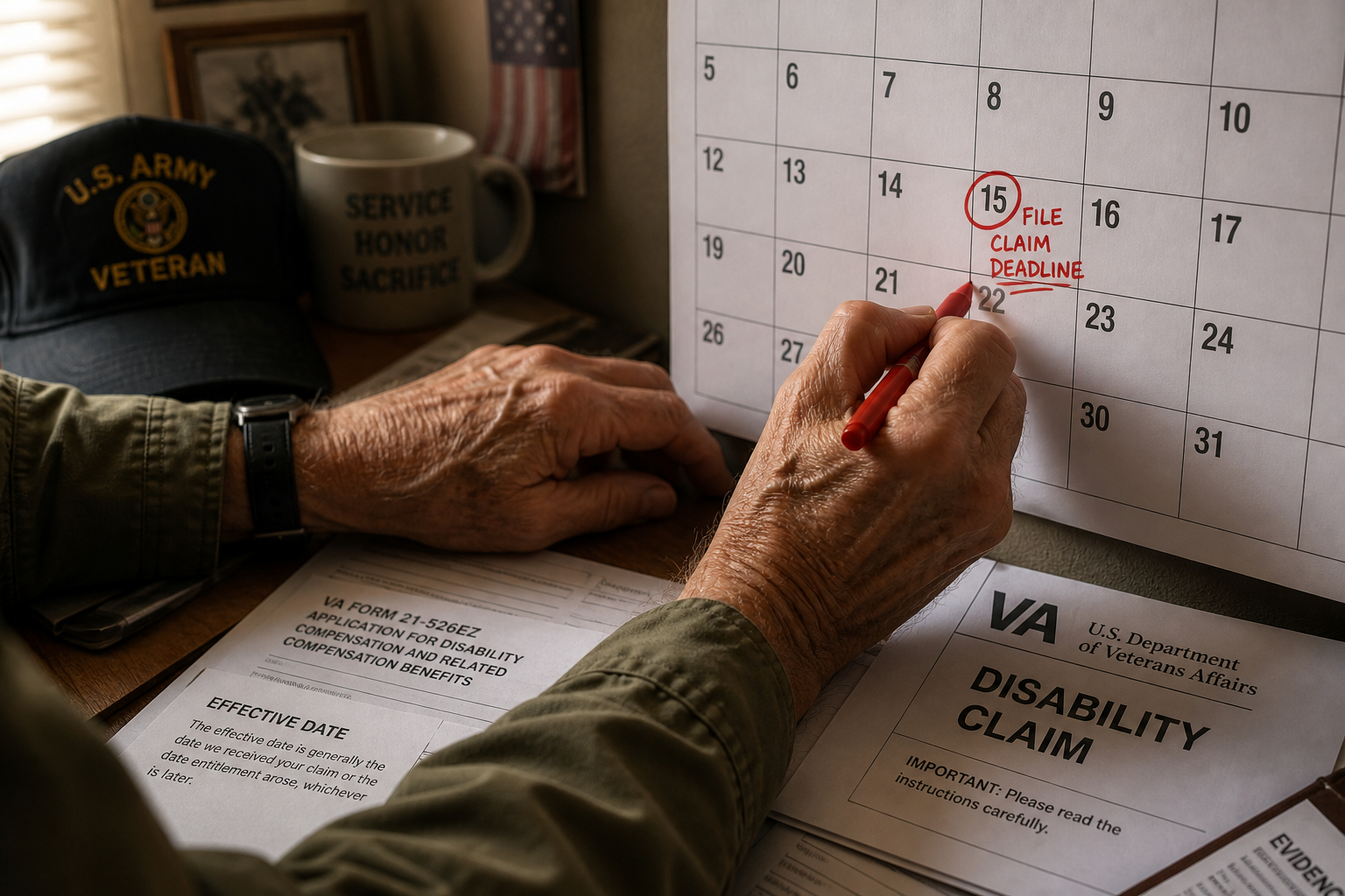 Hands marking a wall calendar next to VA claim paperwork to track an effective date