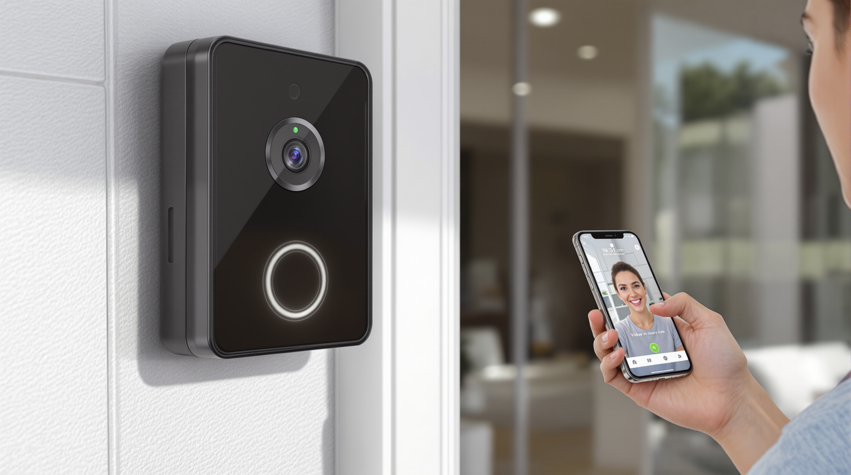 Smart video doorbell with person receiving notification on smartphone