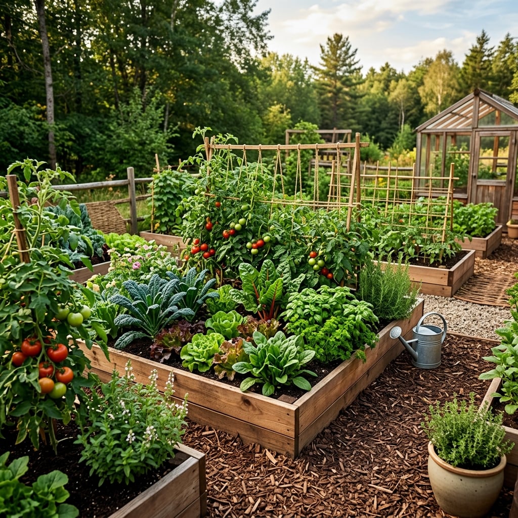 Vibrant vegetable garden with mulched beds