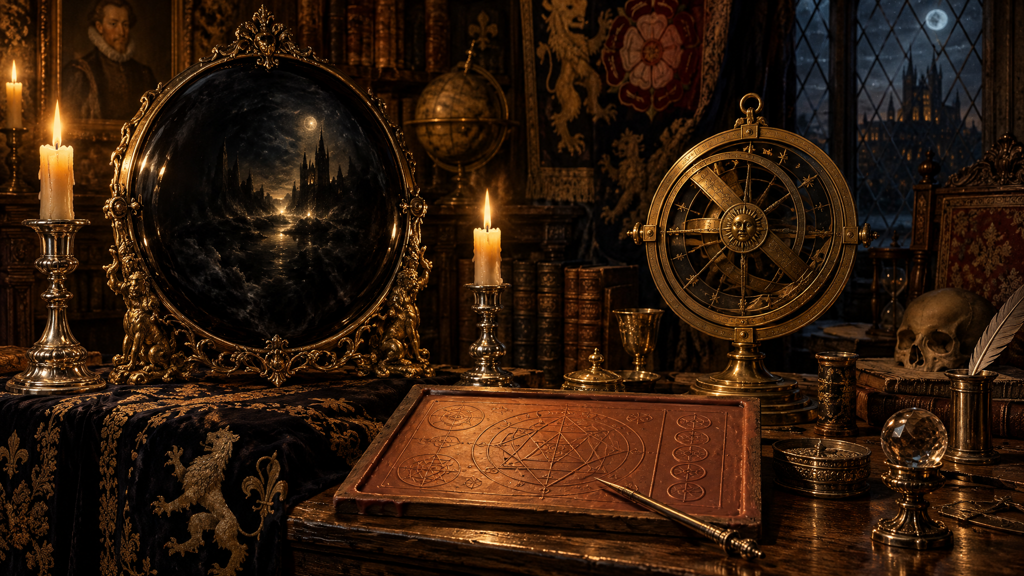 An Elizabethan scholar’s chamber with an obsidian scrying mirror, an astrolabe and candles