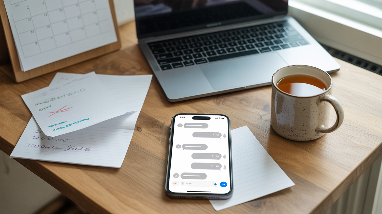 Overhead shot of a desk with smartphone messaging app, notebook and planning notes for a kids party