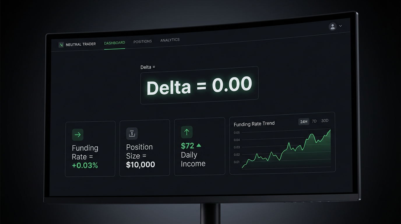 delta-neutral crypto trading strategy dashboard showing funding rate monitoring delta position size and daily income metrics