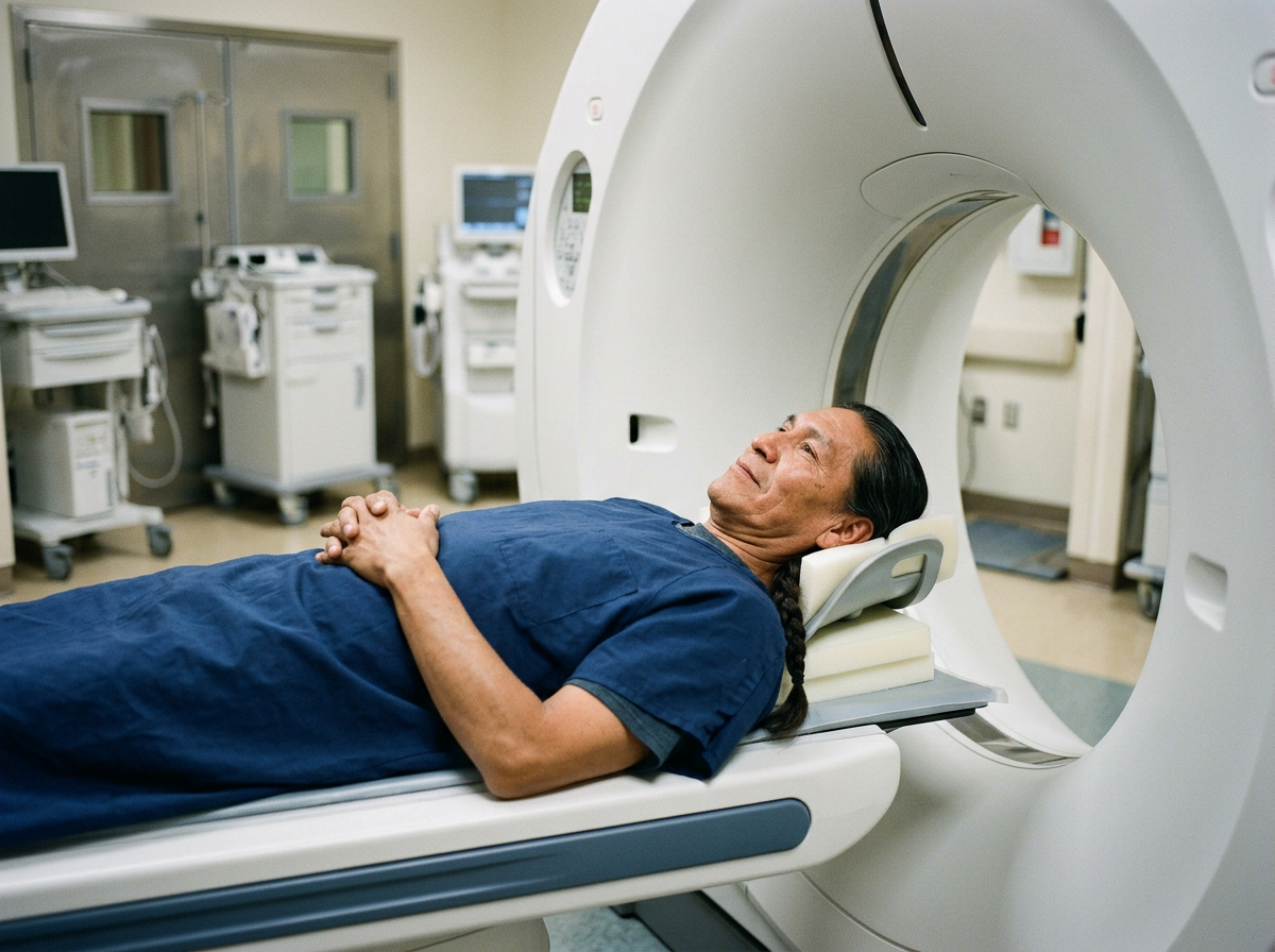 Native American male veteran lying on a CT scanner table sliding into the imaging ring for a sinus and nasal CT scan in a radiology suite