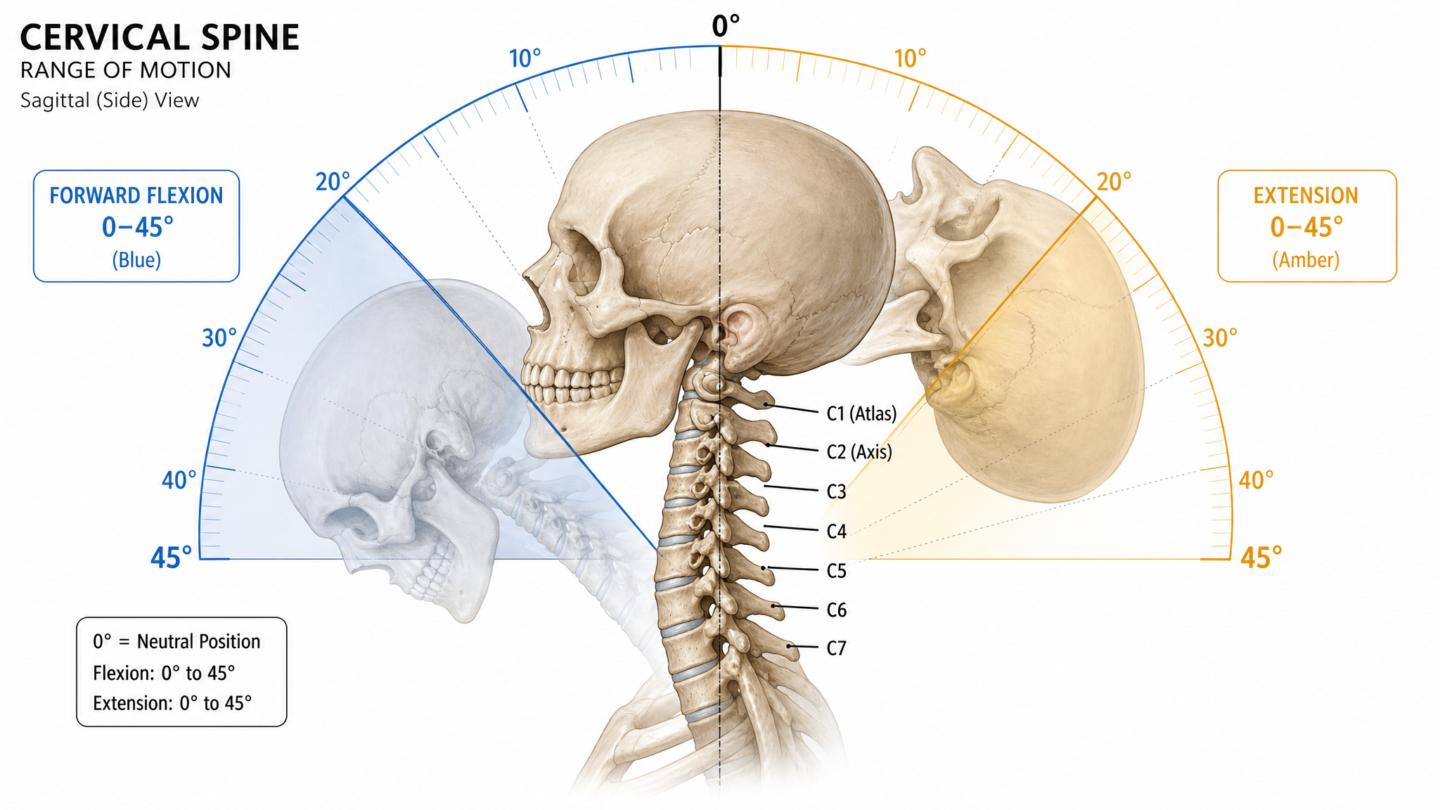 Anatomical diagram showing normal cervical spine range of motion with flexion and extension arcs marked from 0 to 45 degrees