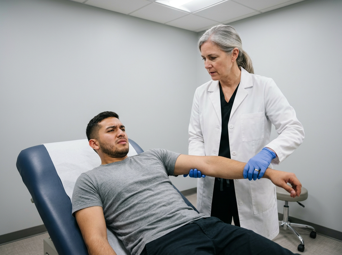 A female orthopedic clinician performing the apprehension test on a young male veteran lying supine on an exam table with his arm abducted and externally rotated