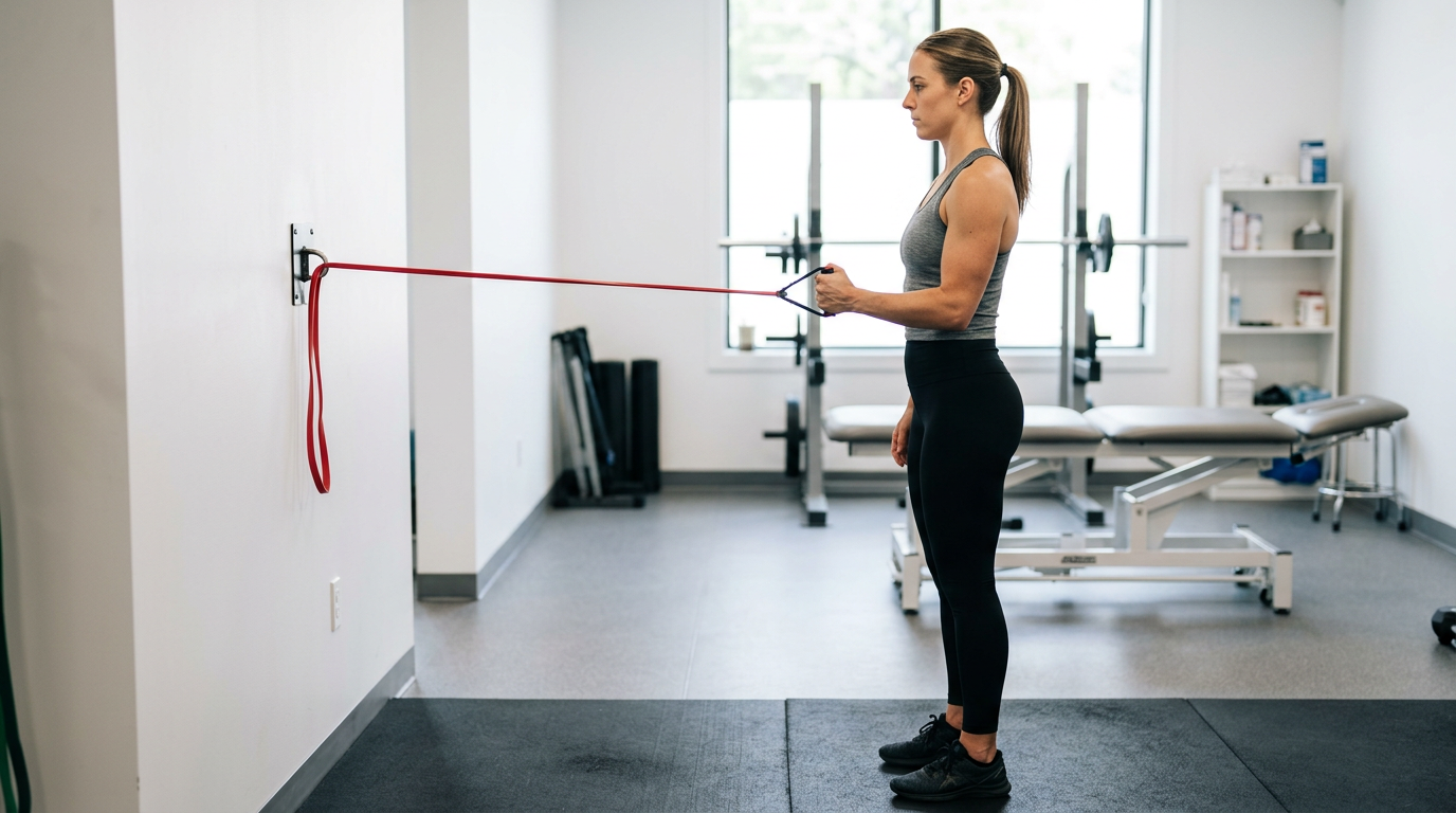Person performing shoulder external rotation exercise with a resistance band for rotator cuff rehabilitation