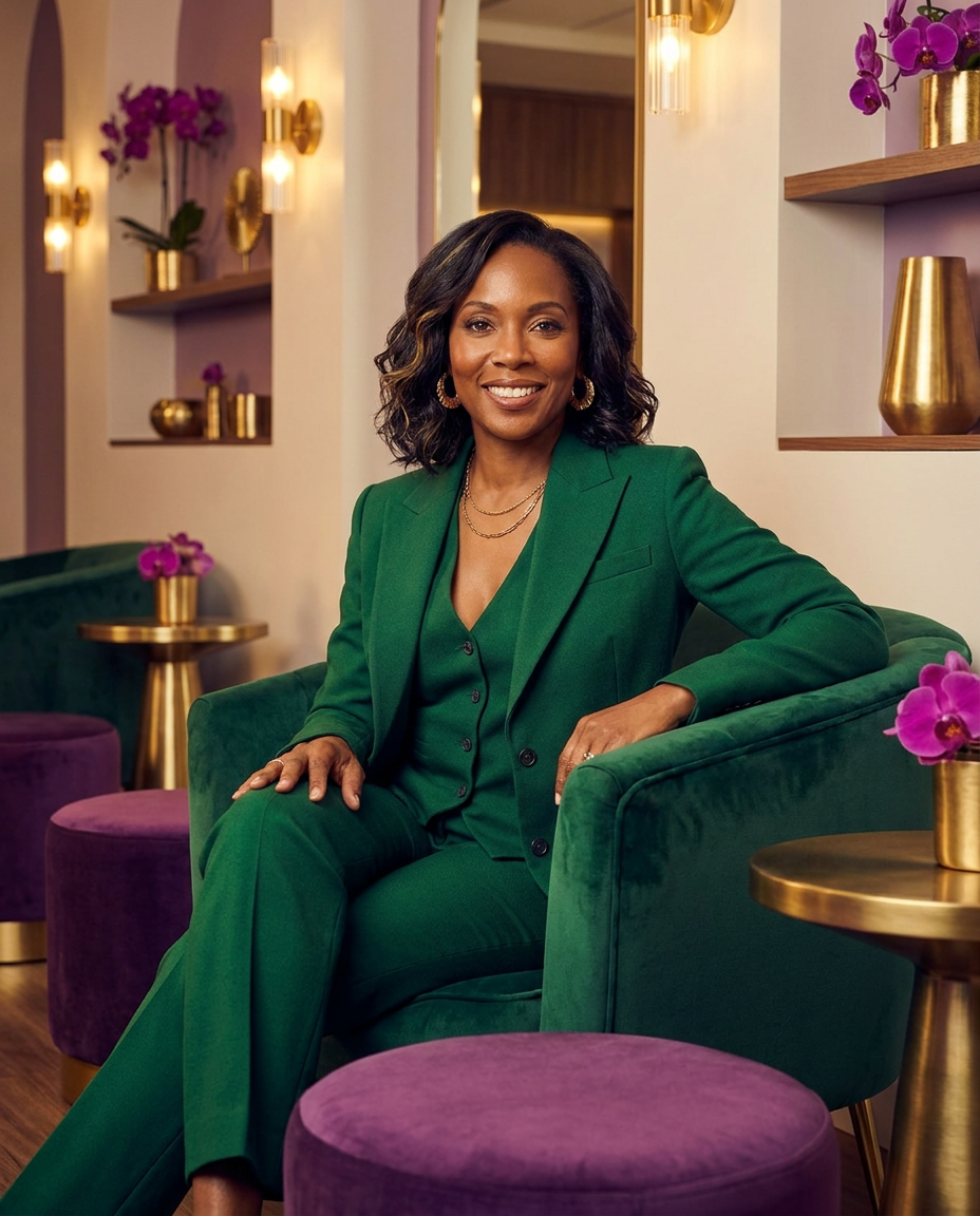 Dee relaxing in an elegant emerald salon lounge