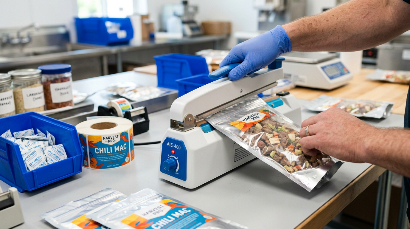 Hands sealing a Mylar foil pouch of freeze dried food with a heat sealer, oxygen absorbers and labels nearby