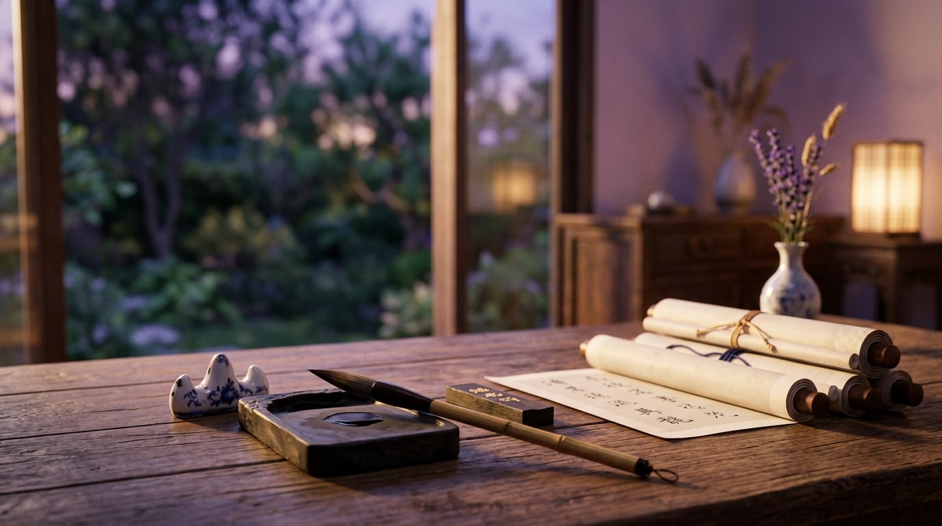 Calm workspace with Chinese calligraphy brush and scrolls symbolizing career timing and life path
