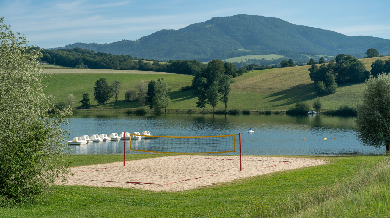 Öschlesee Sulzberg - Natursee mit Strandbad, Blick auf den Grünten und Tretbootverleih im Oberallgäu