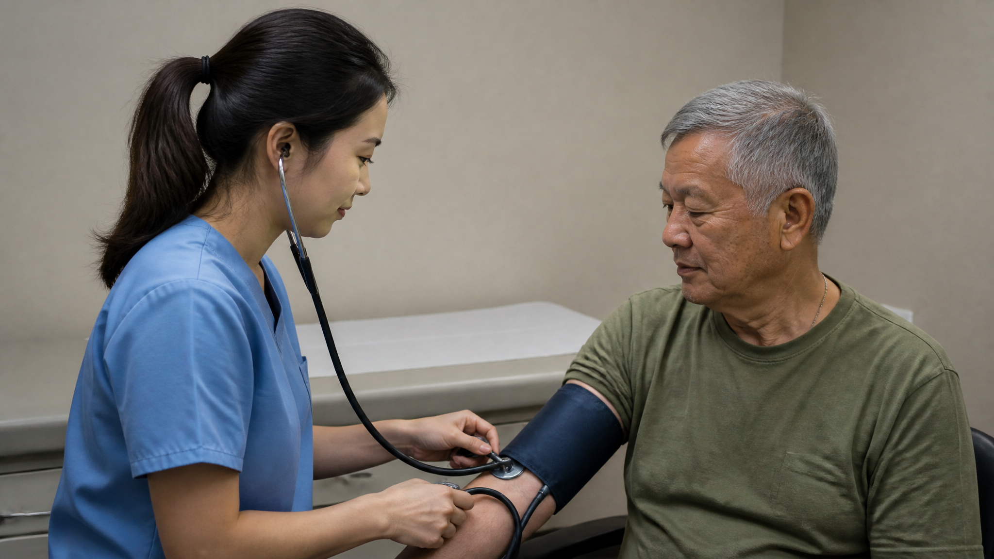 Nurse taking an older male veteran's blood pressure with a manual arm cuff