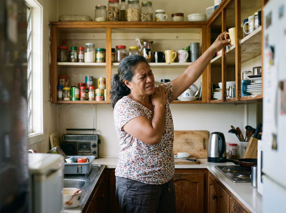A veteran in her late 50s wincing as she reaches with a painful shoulder