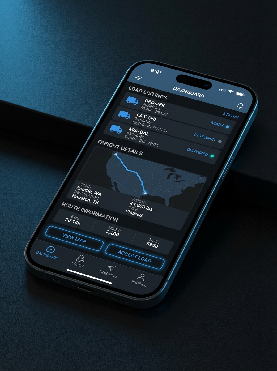 AK Trucking mobile app showing freight management dashboard with load listings
