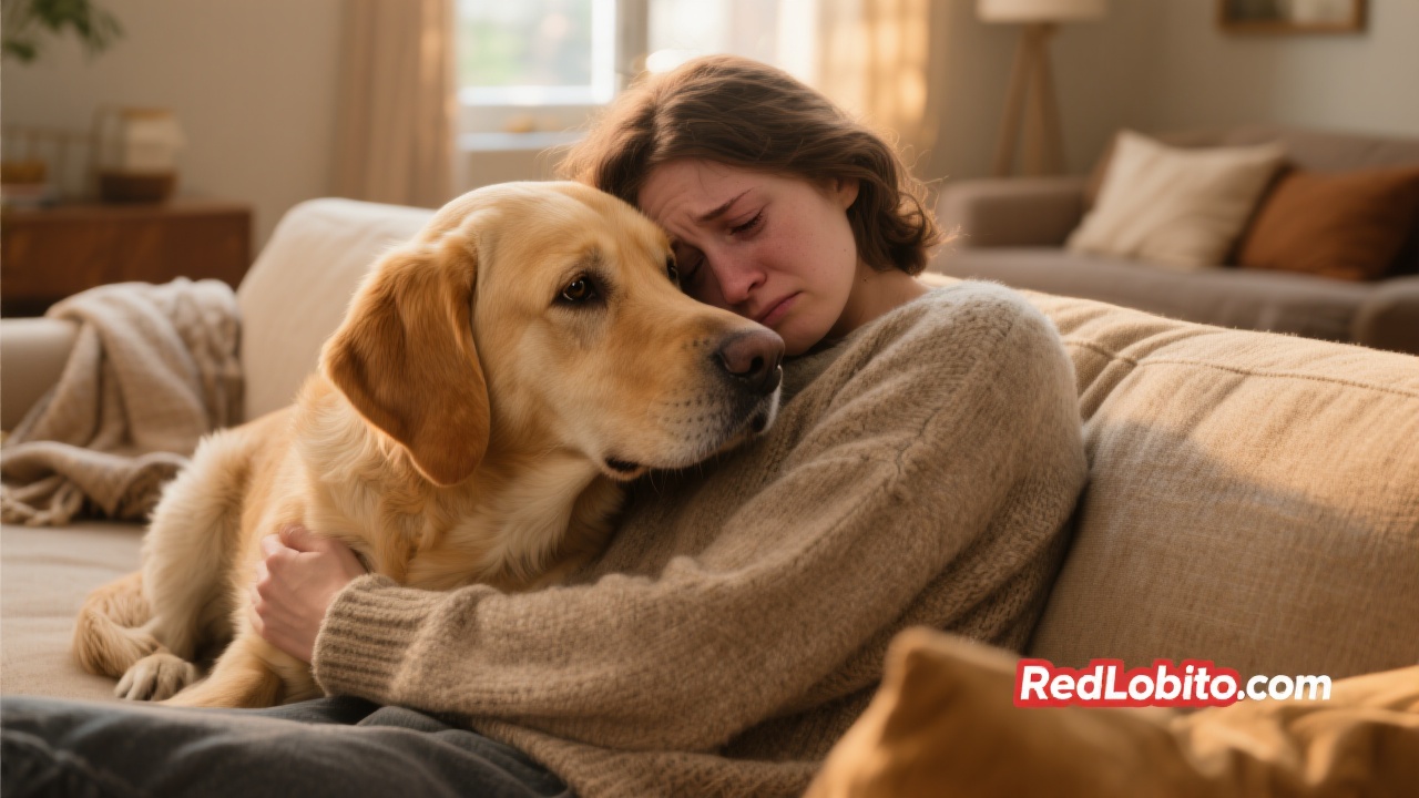 A dog comforting a sad person, showing emotional connection and pet empathy