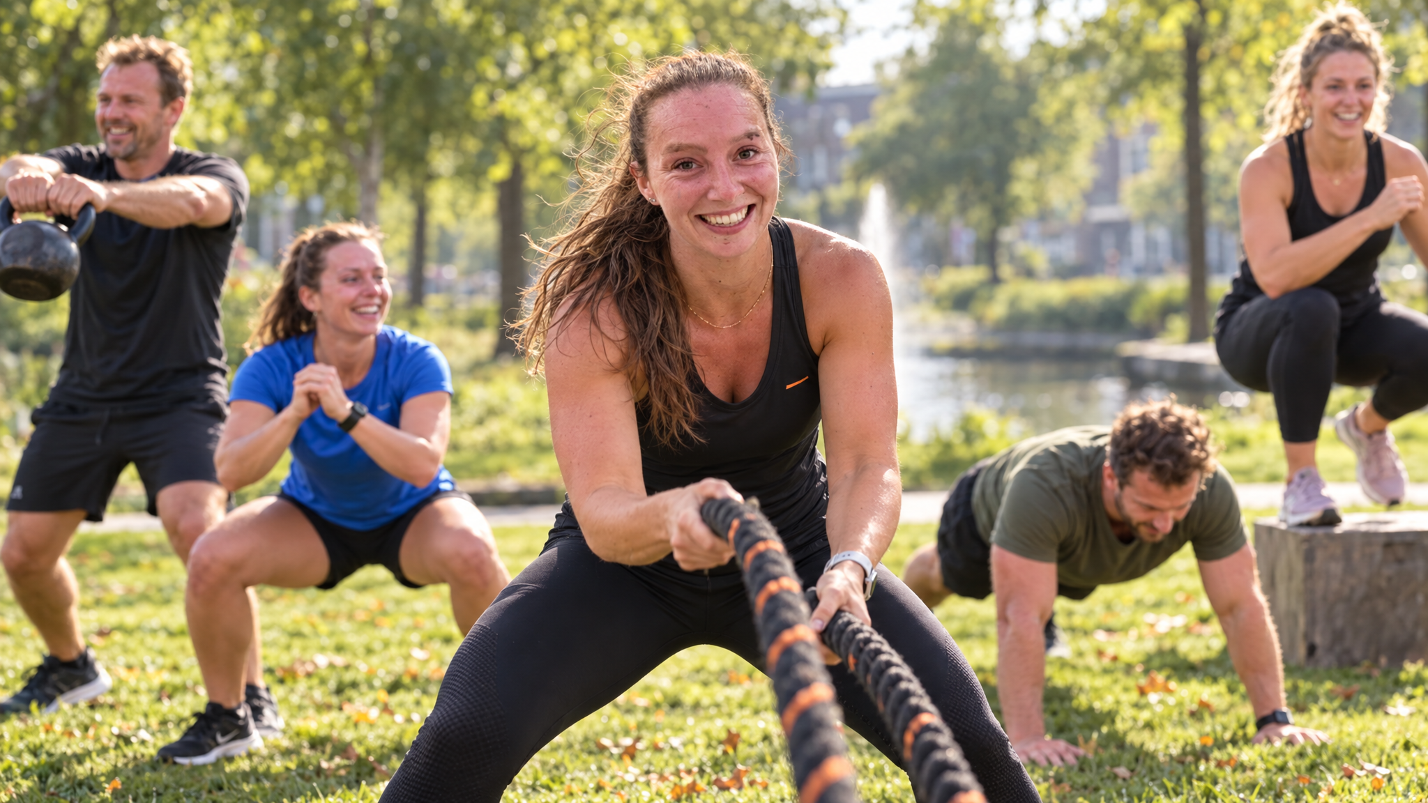 Charlotte Seldenthuis begeleidt een bootcampgroep met battle ropes in een park