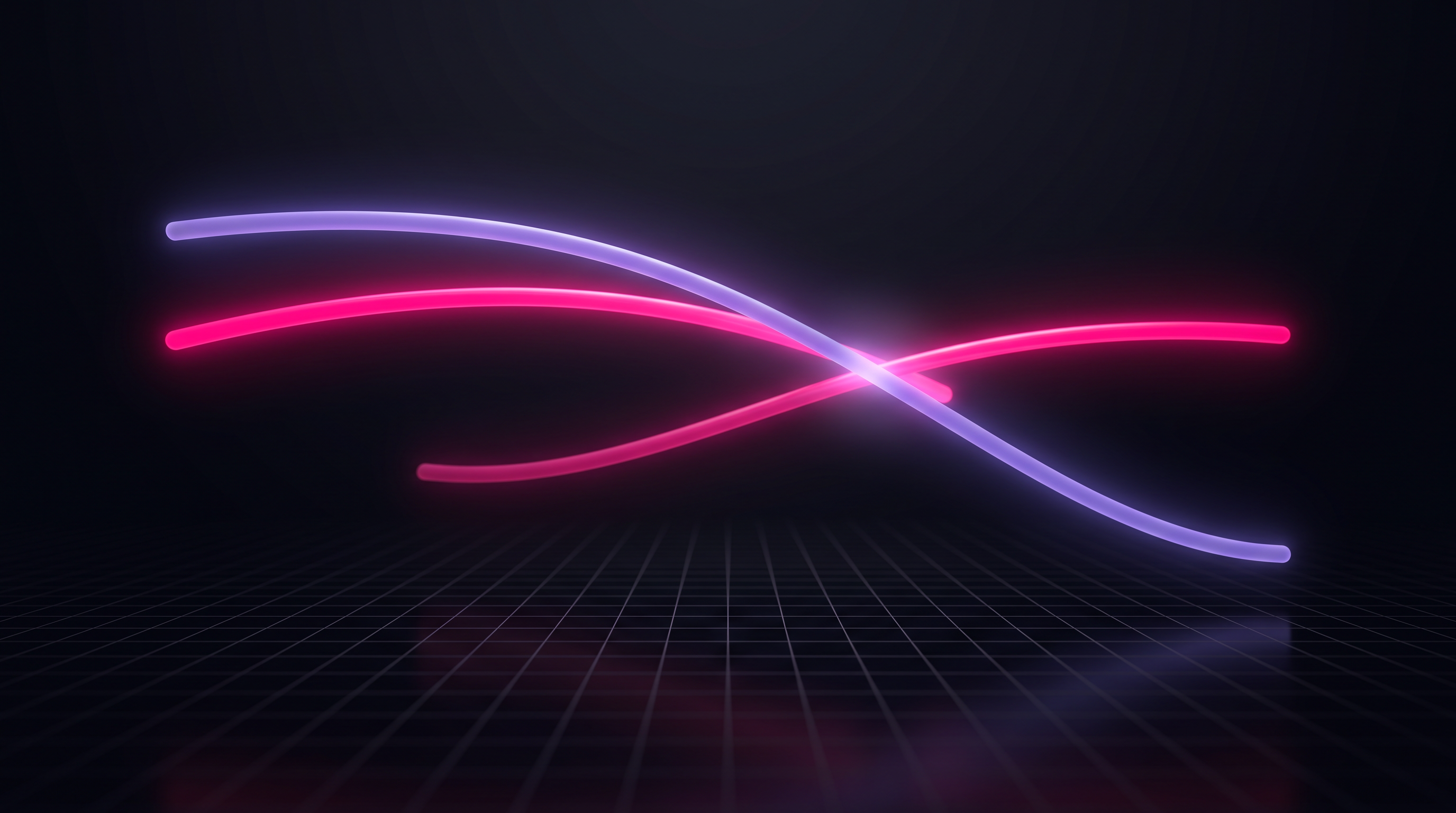 Two glowing lines crossing over a dark perspective grid — a hot pink line that rises early then falls away, and a violet line that dips before climbing steadily