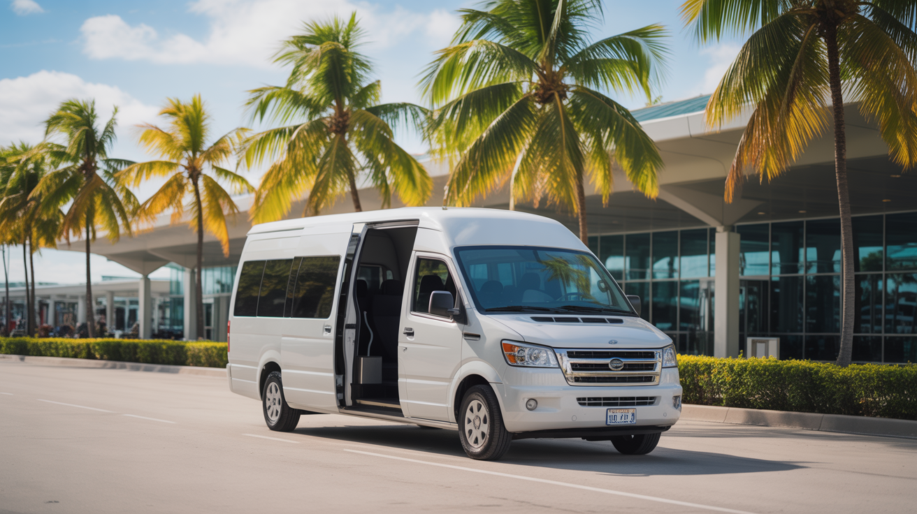 Shuttle van at tropical airport with palm trees