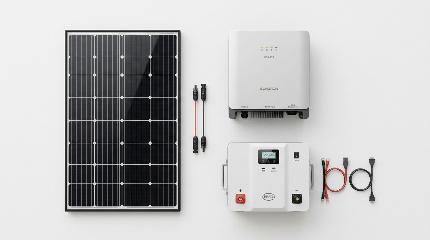 Solar system components including panel, inverter, and battery arranged for pricing comparison