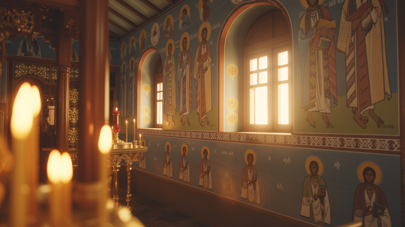 Ethiopian Orthodox church interior with warm golden light