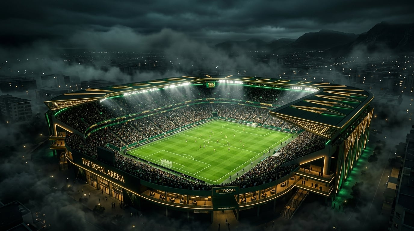 Football stadium at night with atmospheric lighting