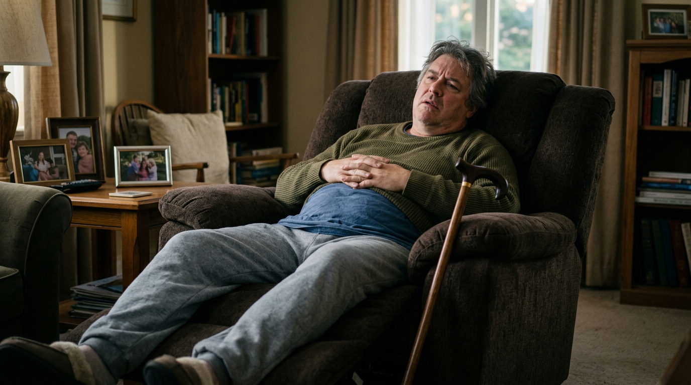Photograph of a person sitting in a recliner looking frustrated with a cane propped beside the chair