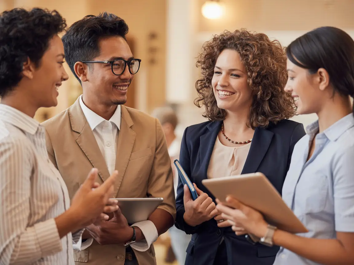 Teachers from different cultures sharing knowledge in warm community setting
